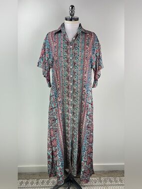 💚 3605. Floral Boho Button-Front Maxi Dress in Teal and Pink
